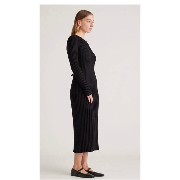 Quince Wm's Cotton Cashmere Ribbed Long Sleeve Crew Midi Dress Sz L Black #119 - Picture 4 of 5